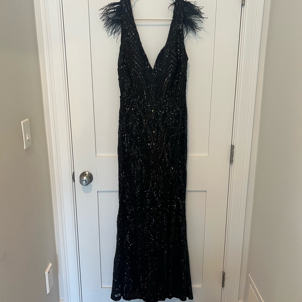 Black Evening Gown with Feather Details